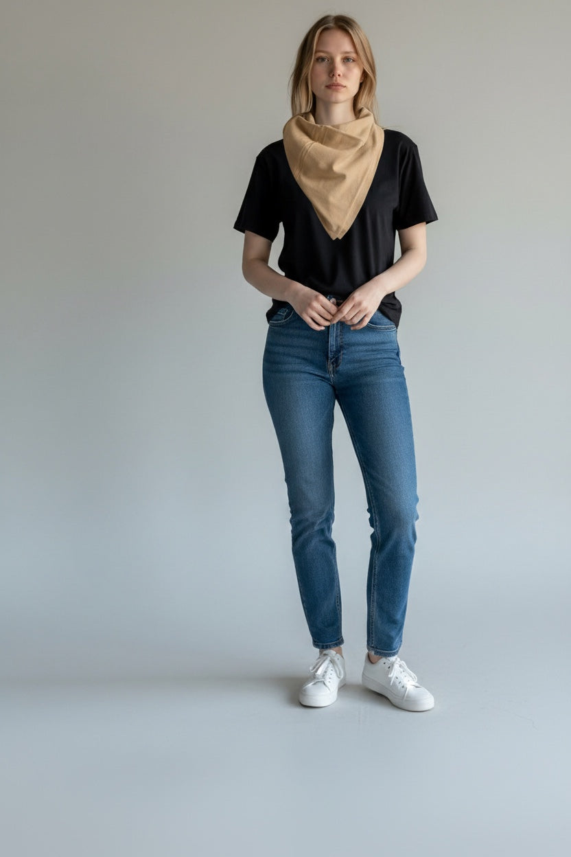 Care Design beige square bib scarf with 4 absorbent layers and snap closure. Folds into a bandana style.
