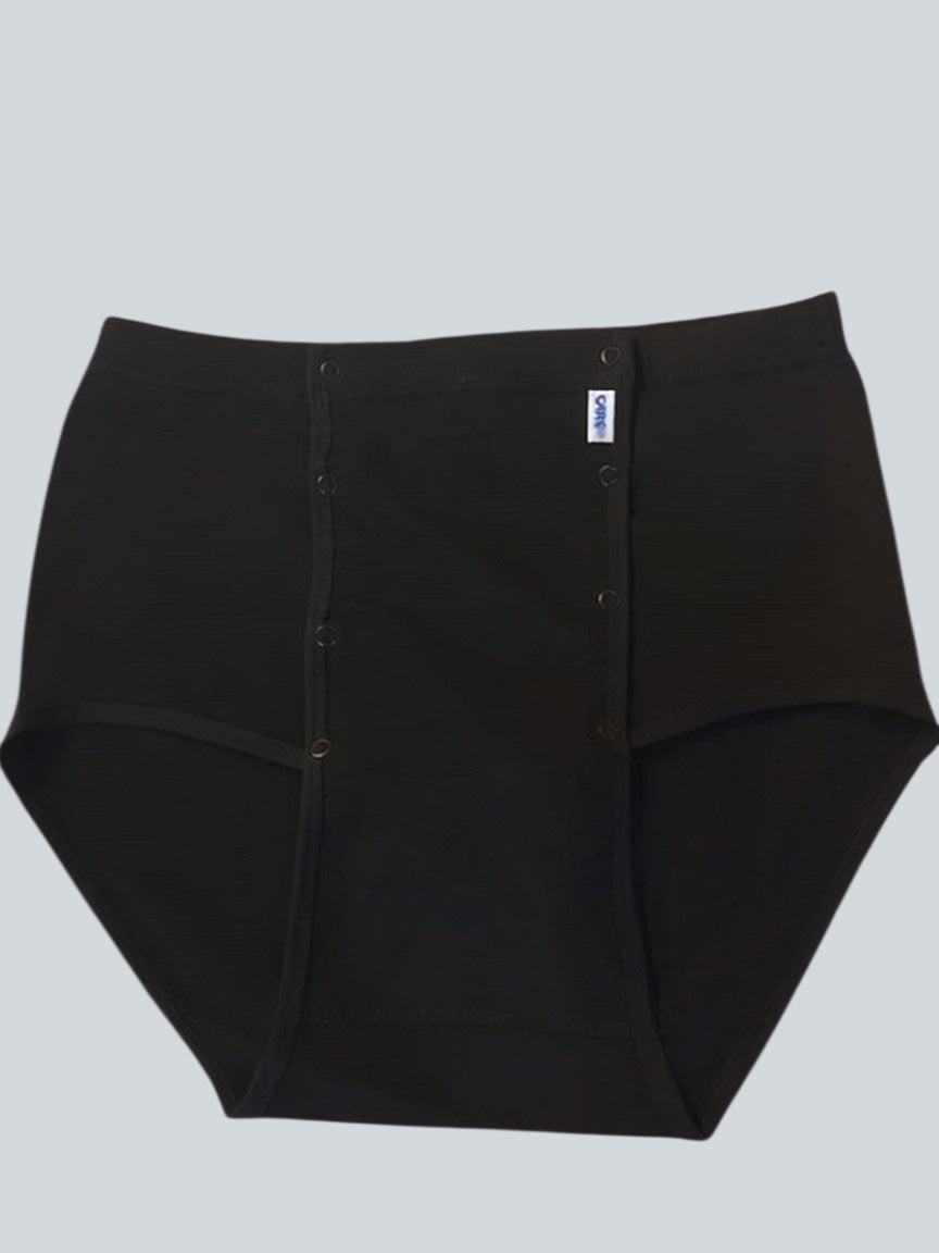 Care Design black adaptive underwear with front snap closures for easy dressing and care. Suitable for incontinence products.