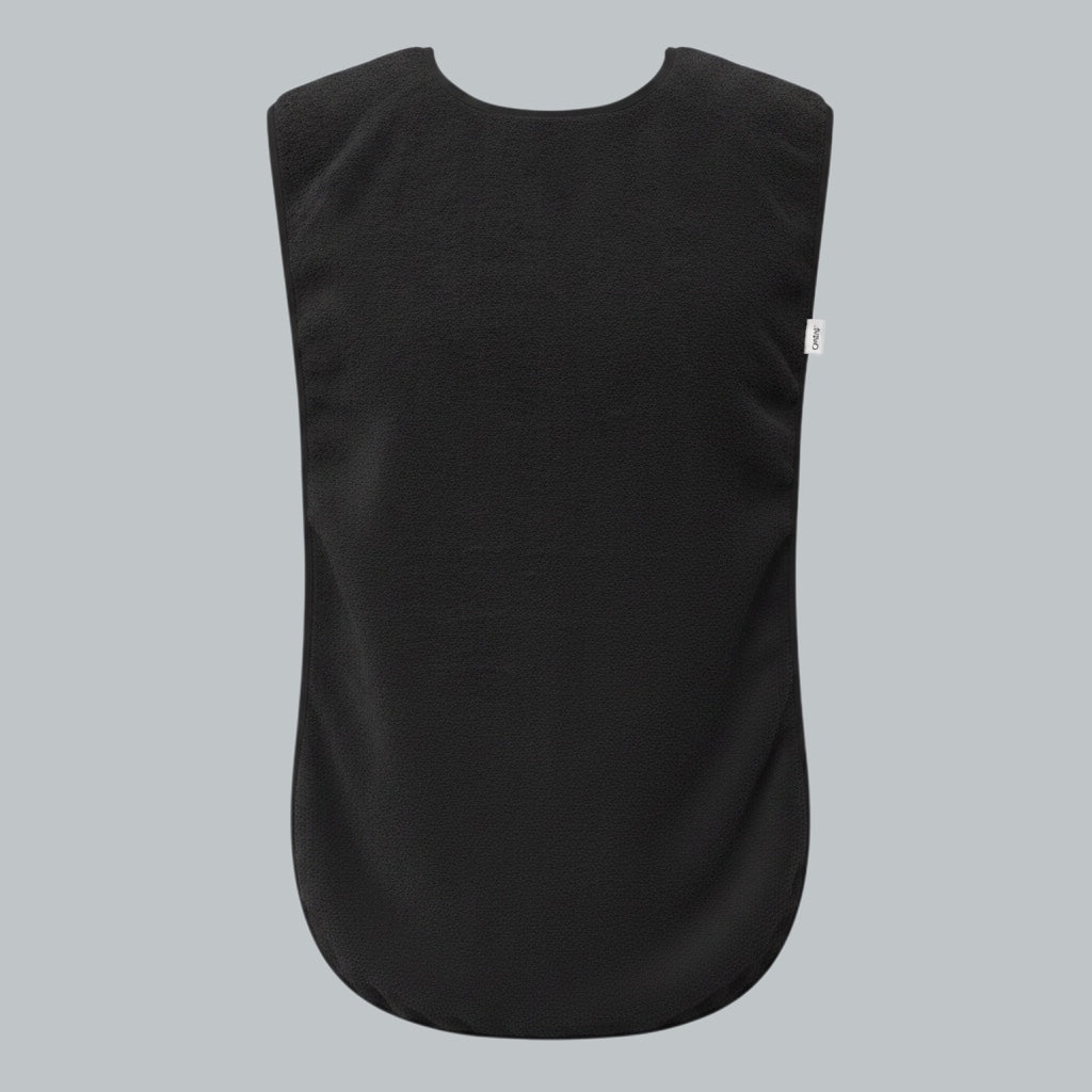 Care Design black adult bib, made of absorbent cotton terry with waterproof polyurethane backing. Features snap closure for adjustable fit.