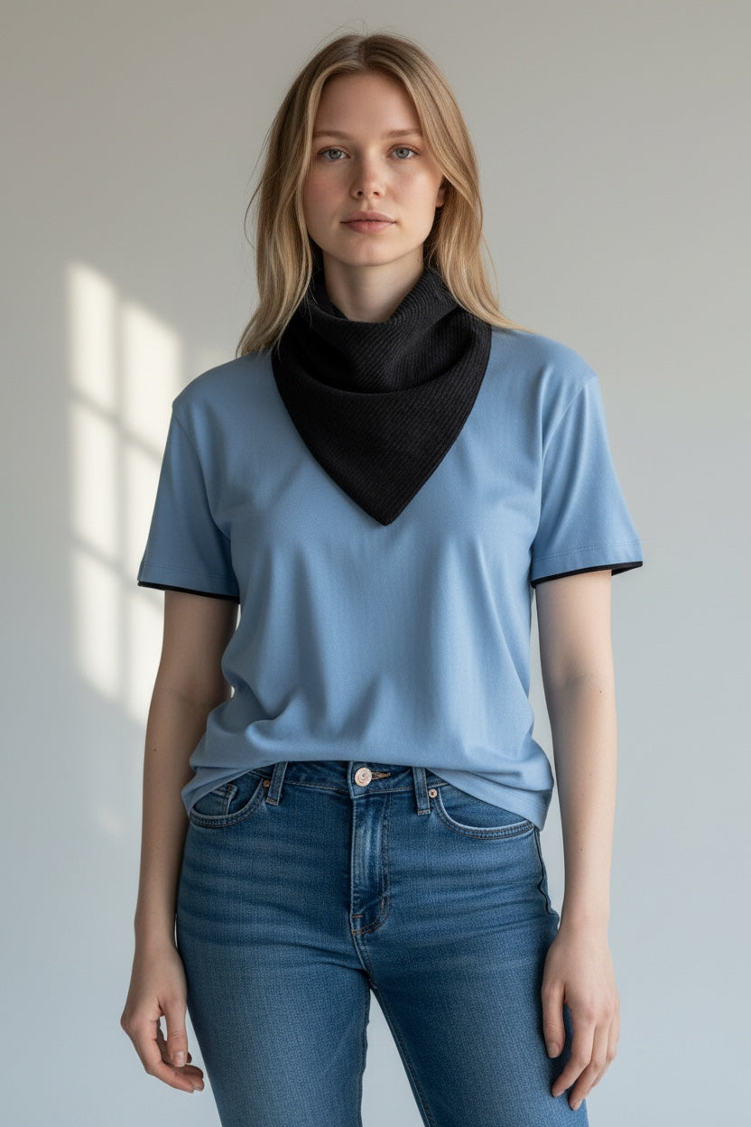 Care Design black corduroy bandana bib with snap closure for adults, 4 absorbent layers.