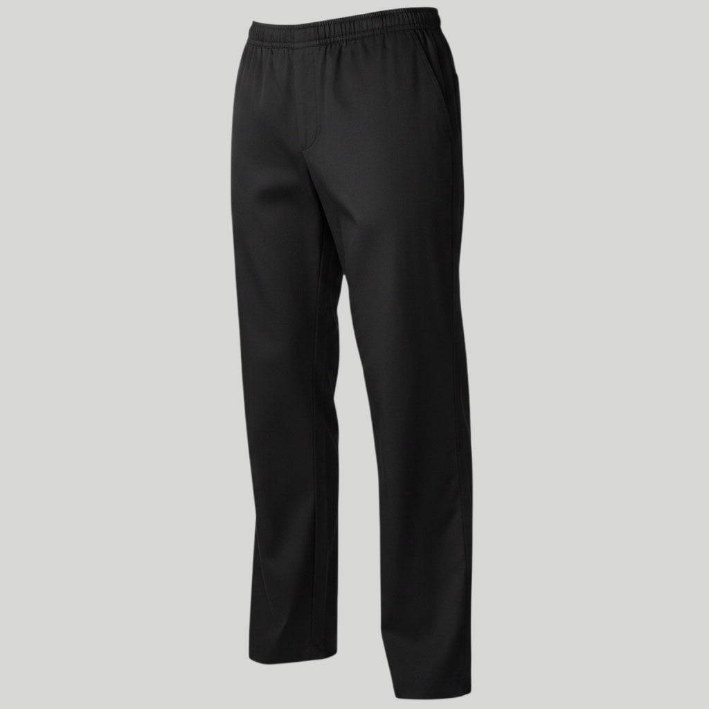 Care Design black denim trousers with full side zips for easy dressing, elastic waist, and no pockets.