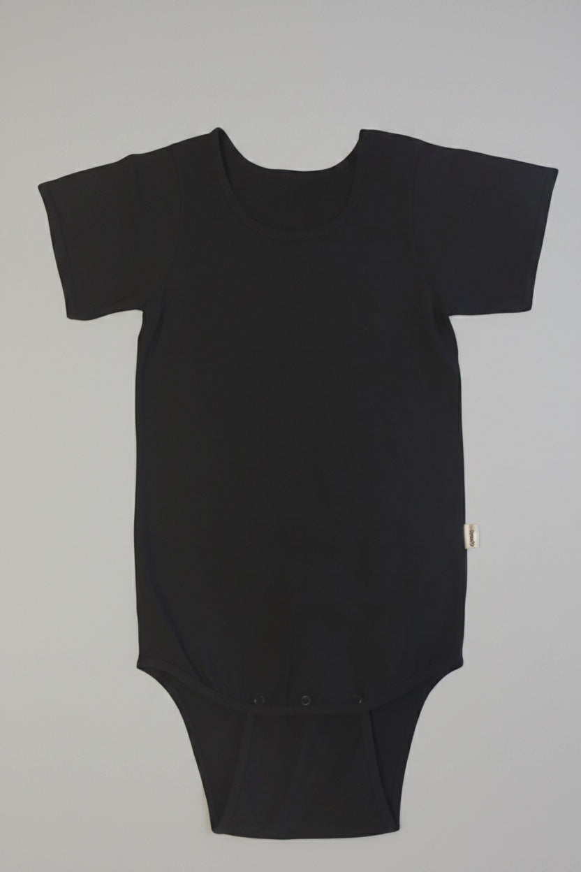 Care Design black short-sleeve cotton-lycra bodysuit with snap closure at crotch for easy diaper changes.