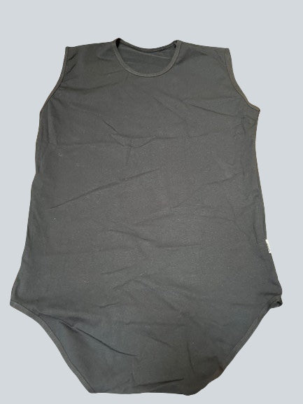 Care Design black sleeveless cotton bodystocking with shoulder straps and snap closure at crotch.