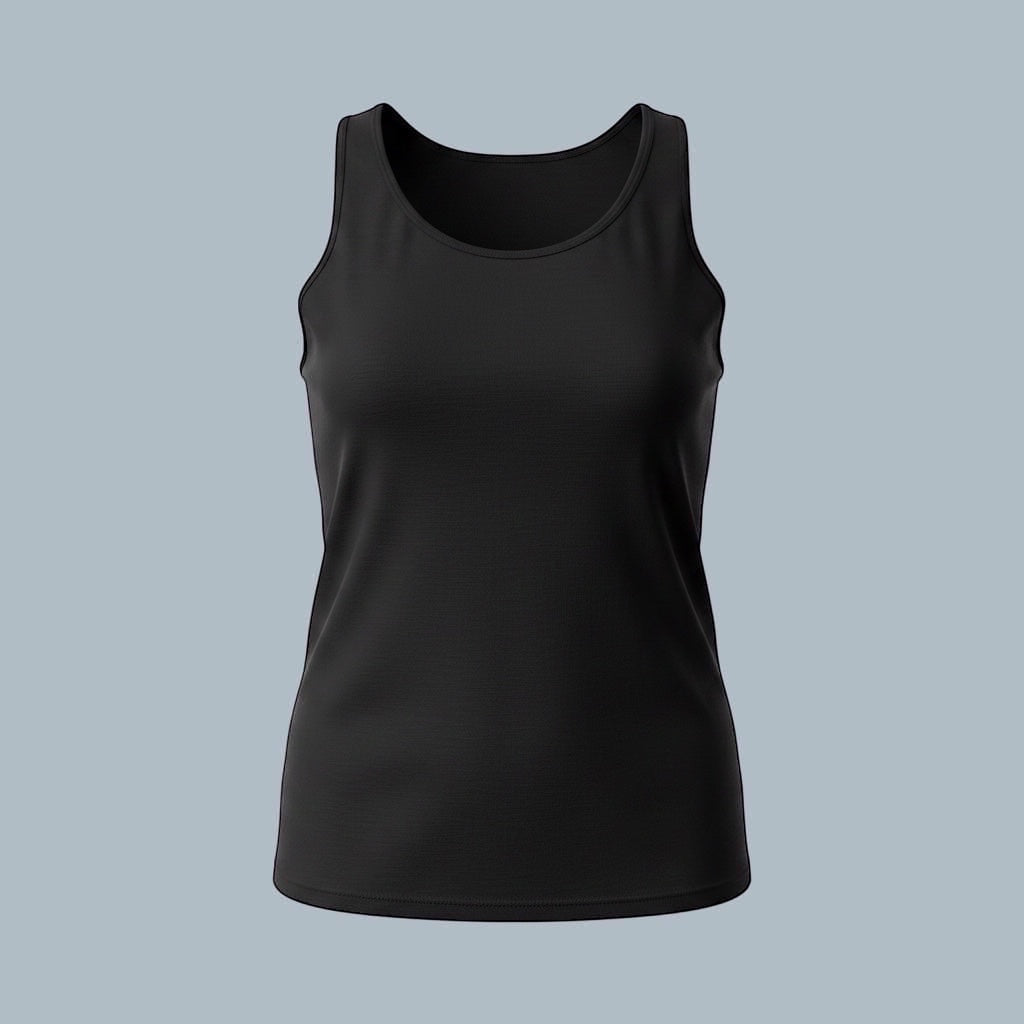 Care Design black tank top with lace trim neckline and armholes, made from quality fabric that holds its shape.