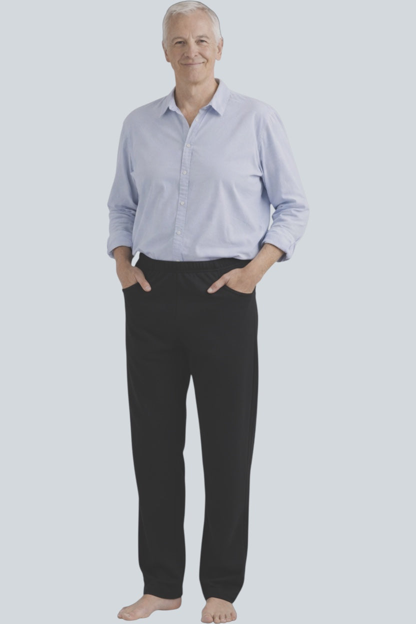 Care Design black high-waisted cotton-elastane trousers with full-length side zips for easy dressing, ideal for wheelchair users.