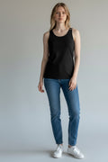 Care Design black tank top for women, high quality, retains shape, with lace trim at neckline and armholes.