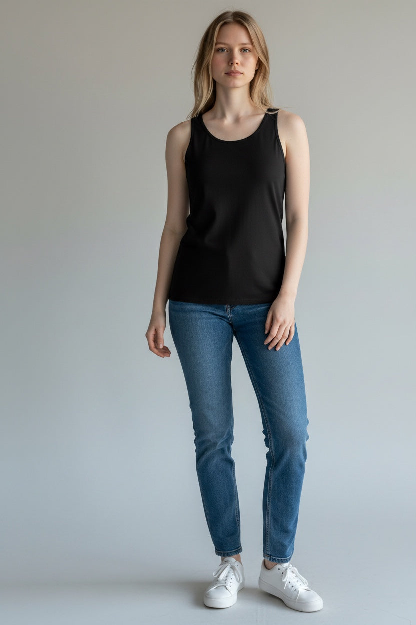 Care Design black tank top for women, high quality, retains shape, with lace trim at neckline and armholes.
