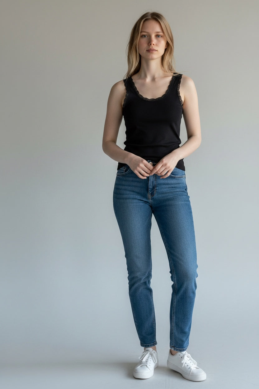 Care Design Cecilie black 100% wool tank top with lace trim at neckline and armholes.