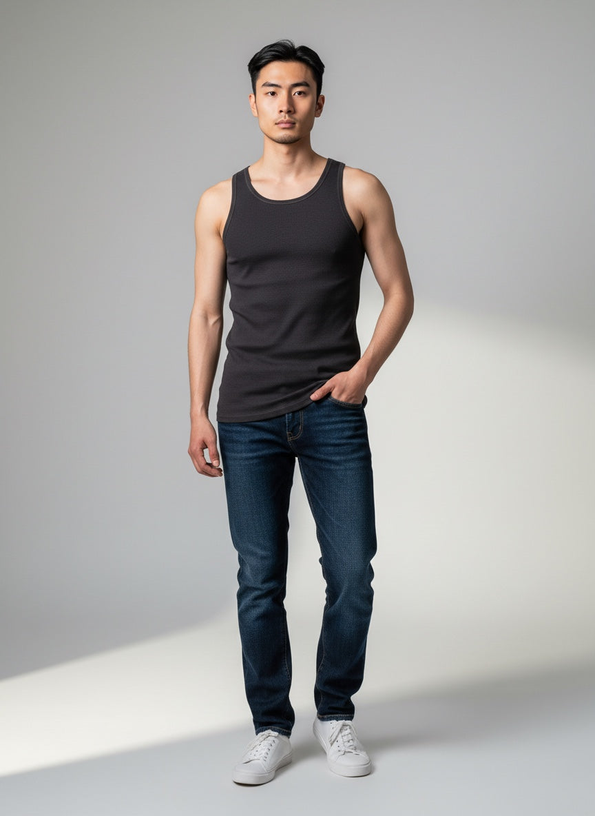 Care Design men's black 100% wool tank top, "Christopher" model, designed for warmth and breathability.