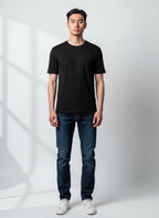 Care Design men's black 100% wool t-shirt with short sleeves and a crew neck. Woolmark certified.