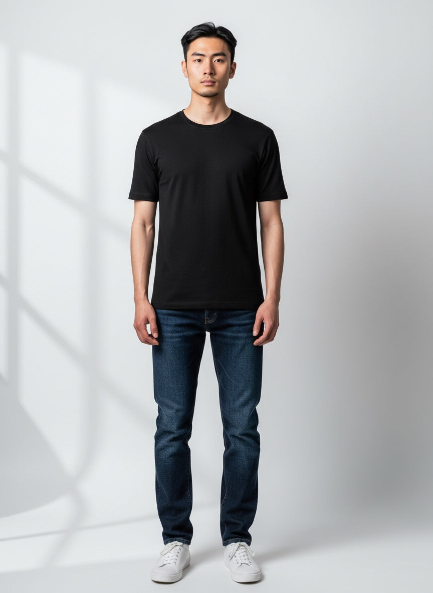 Care Design men's black 100% wool t-shirt with short sleeves and a crew neck. Woolmark certified.
