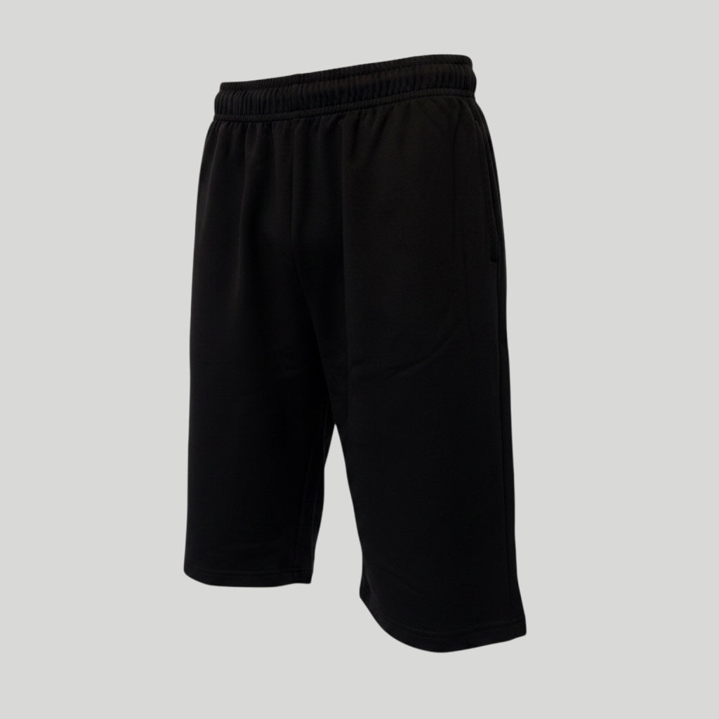 Care Design black polyester blend shorts with elastic waistband and side zippers.