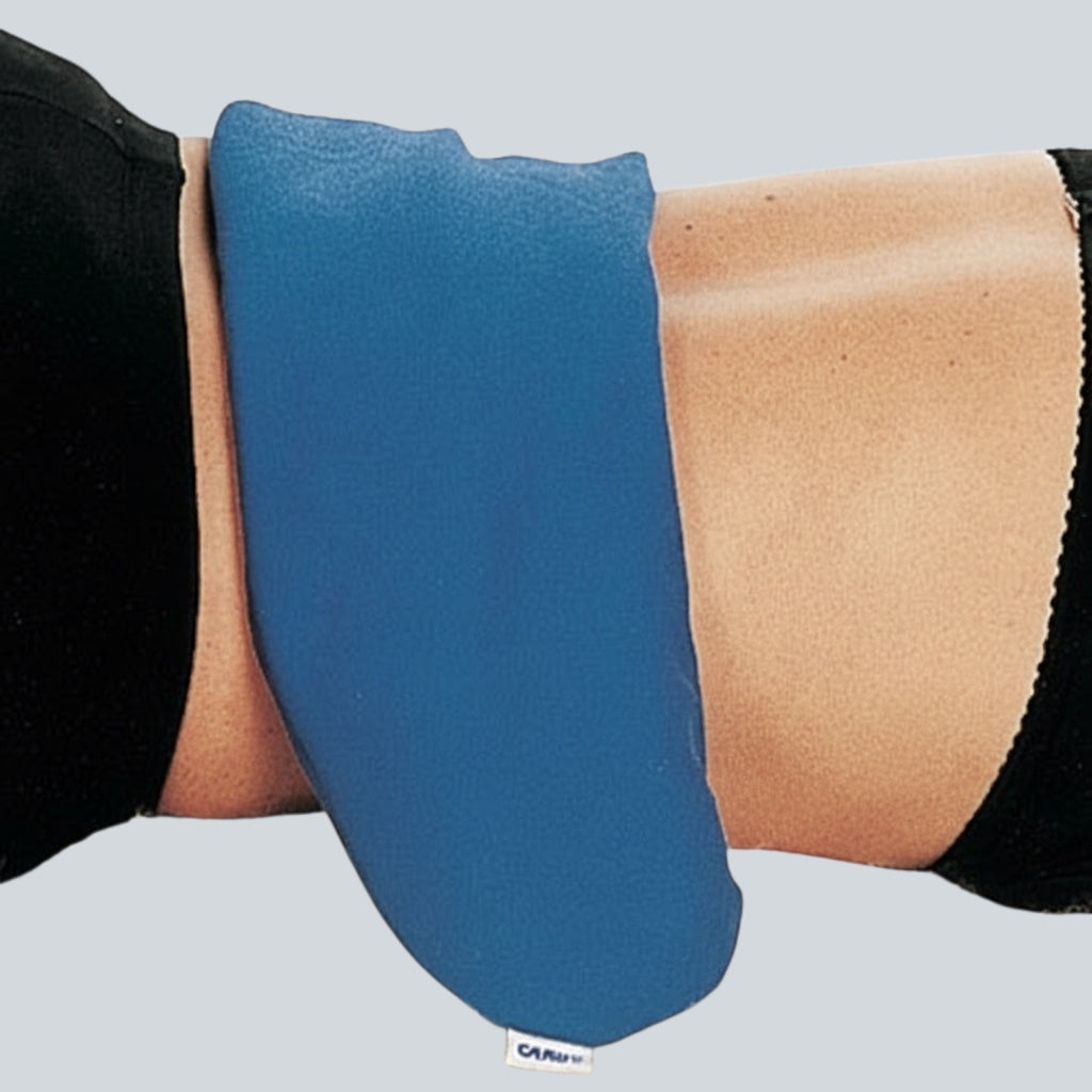Care Design blue organic heat and cold therapy pack for neck and back pain relief. Filled with triticale, chamomile, and lavender.
