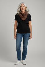 Care Design brown absorbent bandana scarf with 4 layers, fastened with a snap button at the neck.