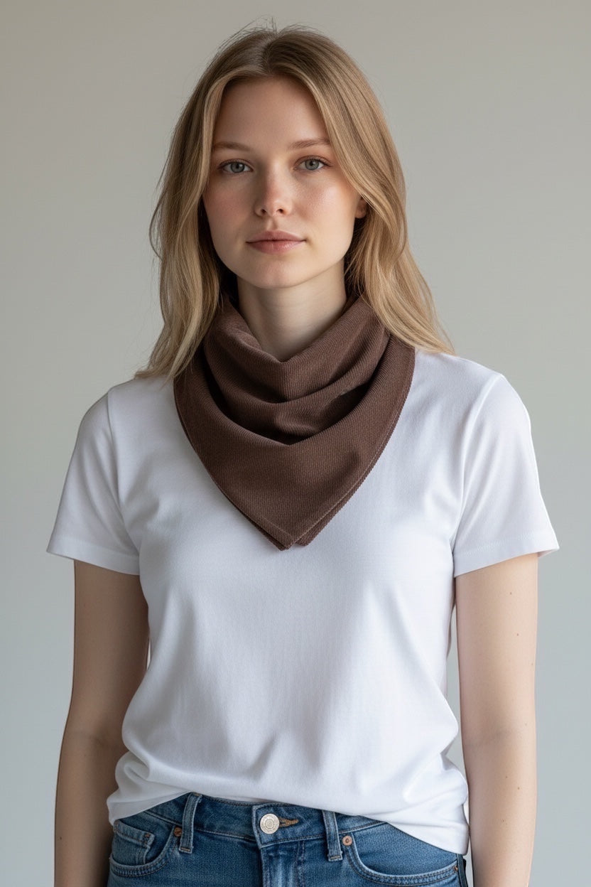 Care Design brown corduroy bandana bib with snap closure, 4 absorbent layers, 3 sizes available.