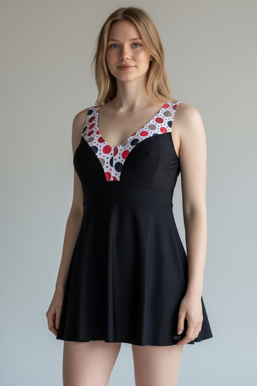 Care Design Copenhagen black swimsuit with polka dot trim and skirt for women with stoma. Comfortable and discreet.