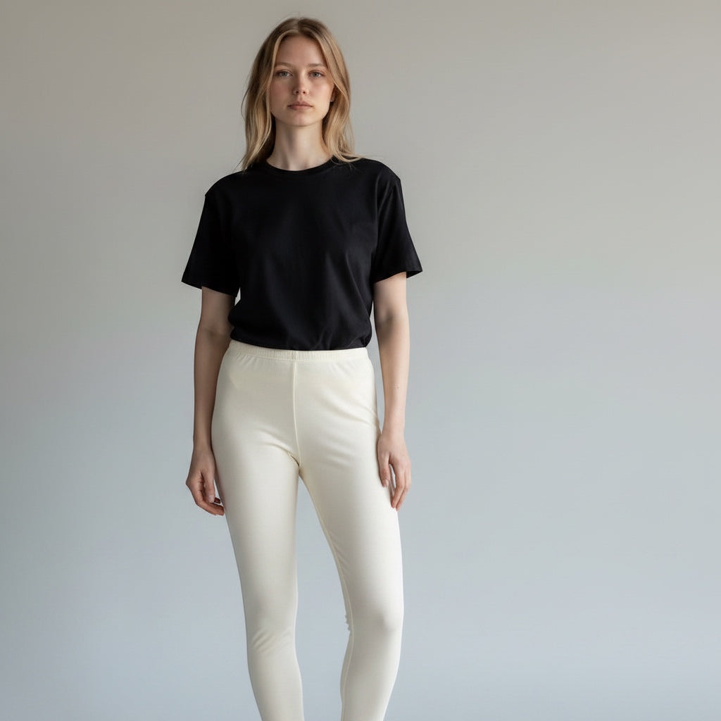 Care Design cream 100% wool leggings with lace trim at ankles. Women's thermal underwear.