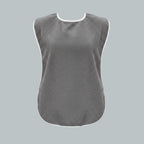 Care Design grey adult bib made of absorbent cotton terry with waterproof polyurethane backing. Features snap closure.