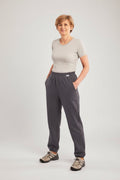 Care Design light grey short-sleeve t-shirt and dark grey unisex cotton-blend overalls with elastic ankles and a front zipper.