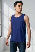 Care Design men's navy blue tank top with a bright blue side stripe. Loose fit, designed for comfort and to camouflage a stoma.