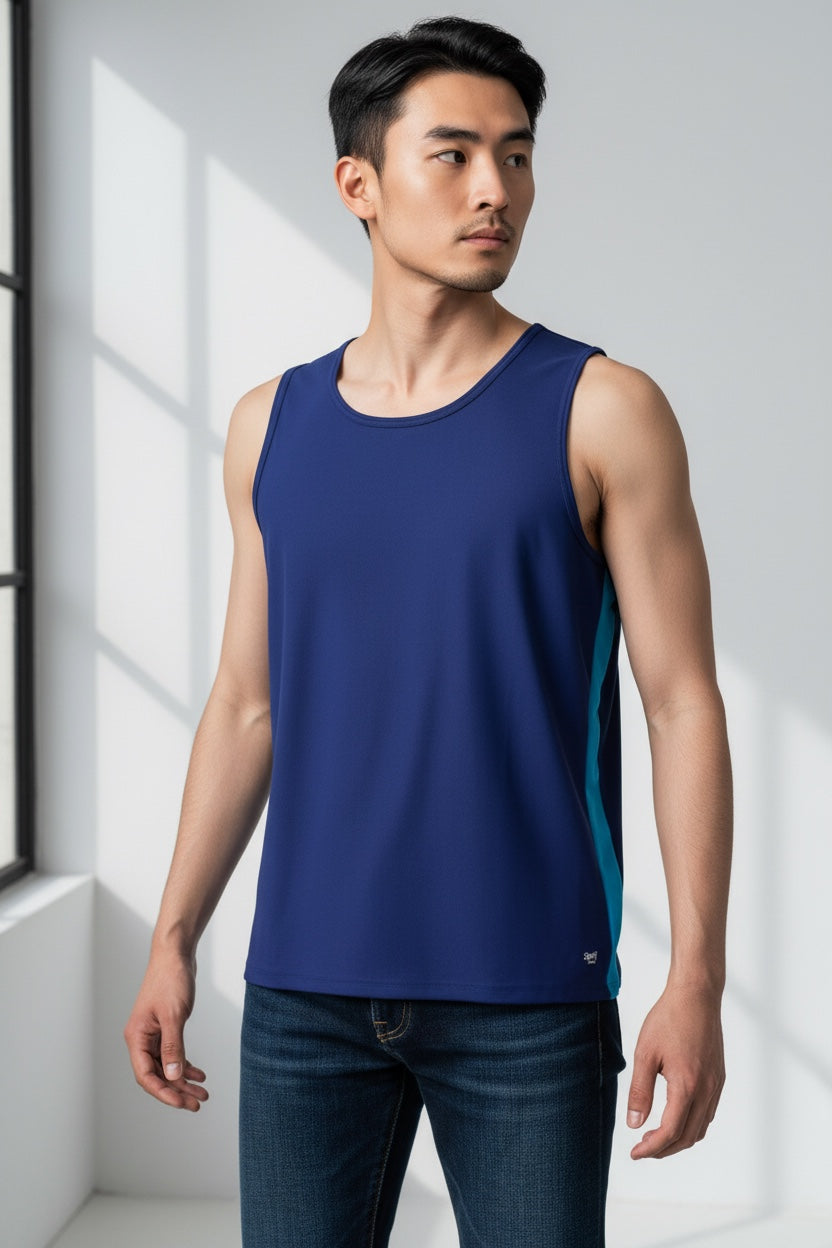 Care Design men's navy blue tank top with a bright blue side stripe. Loose fit, designed for comfort and to camouflage a stoma.