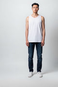 Care Design men's white cotton tank top with binding at neckline and armholes. High quality, shape-retaining undershirt.
