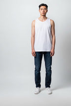 Care Design men's white cotton tank top with binding at neckline and armholes. High quality, shape-retaining undershirt.