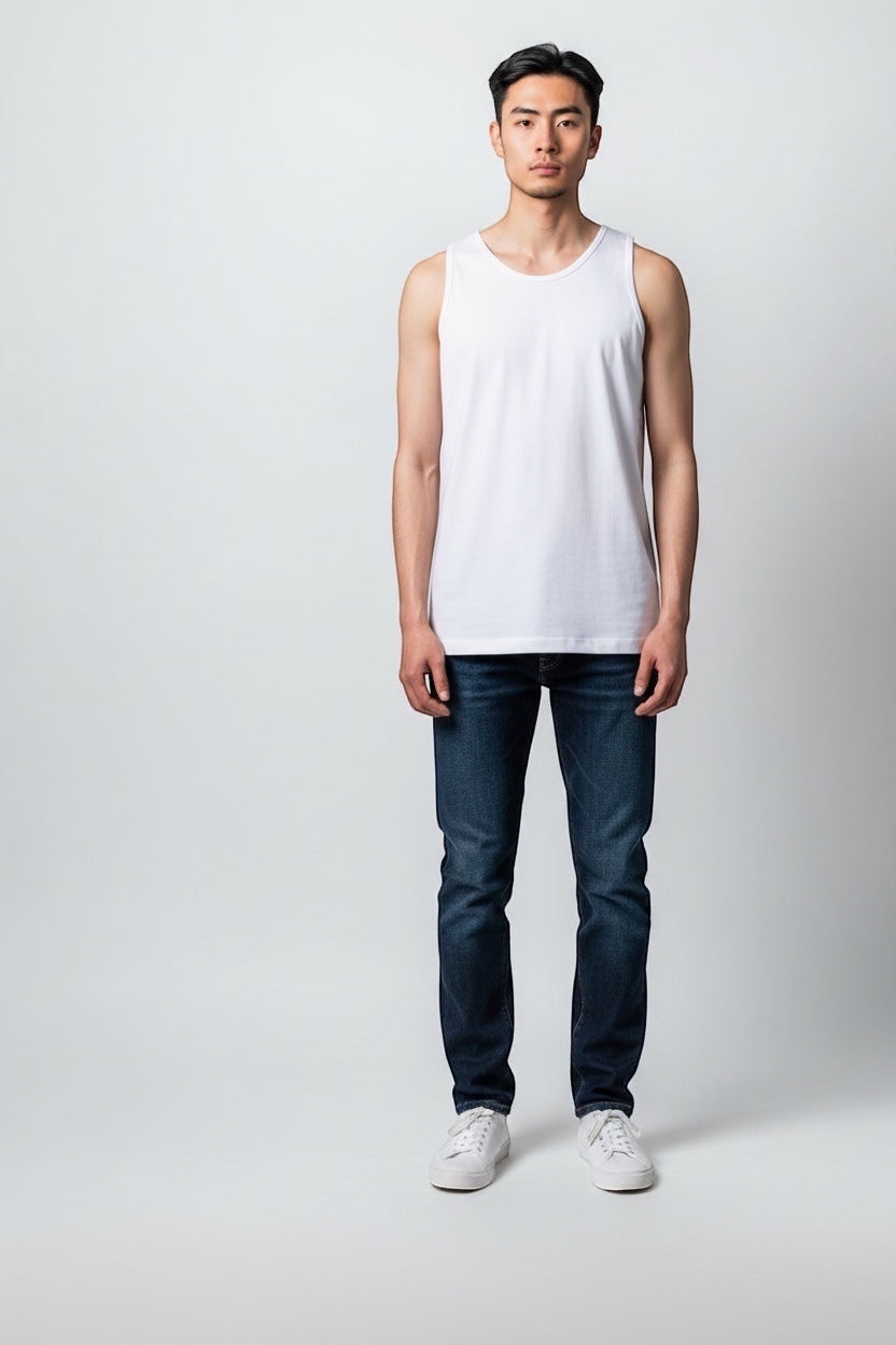 Care Design men's white cotton tank top with binding at neckline and armholes. High quality, shape-retaining undershirt.