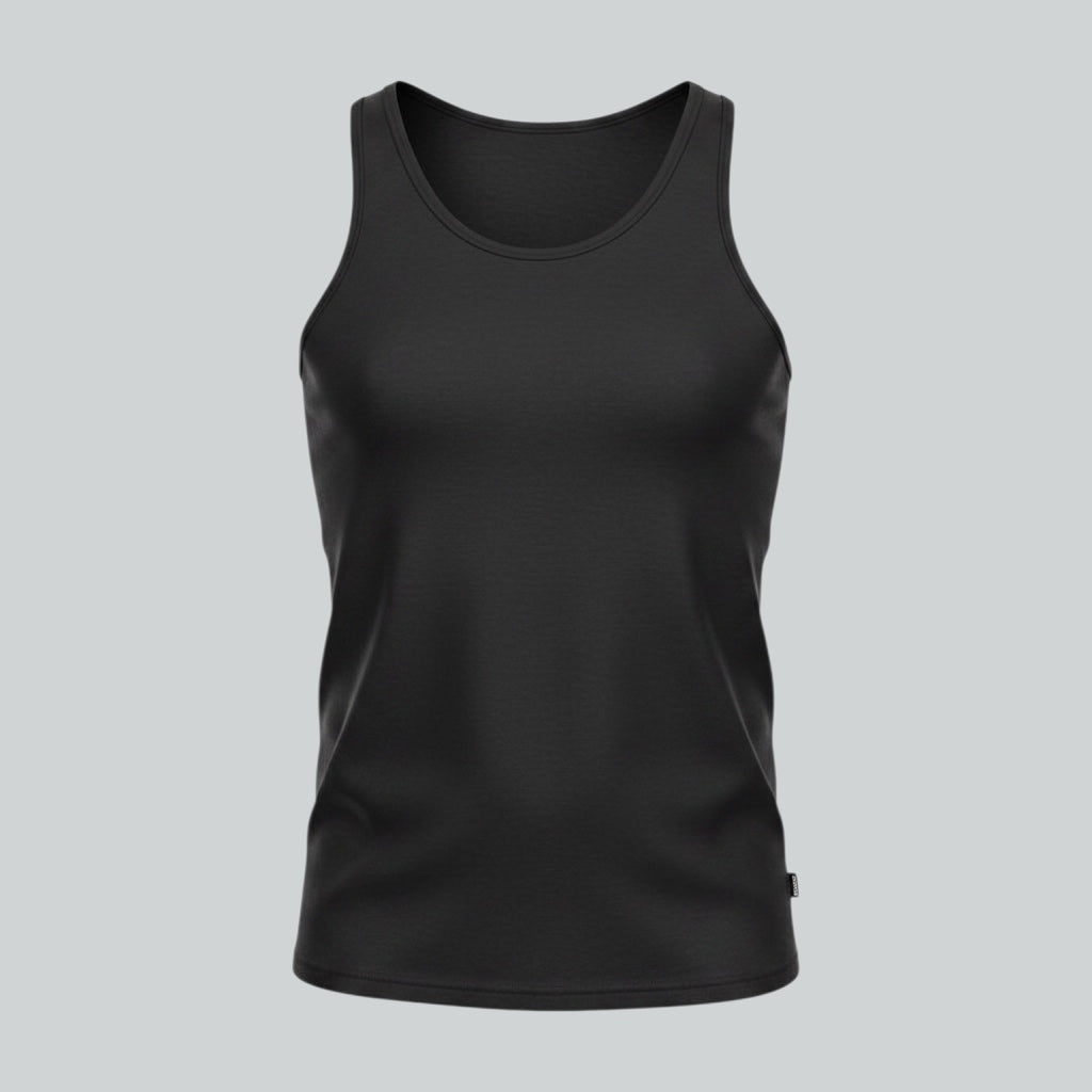 Care Design men's white cotton tank top with a scoop neck and reinforced binding. High quality, shape-retaining undershirt.