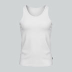 Care Design white men's tank top with binding at neckline and armholes. High quality, shape-retaining fabric.