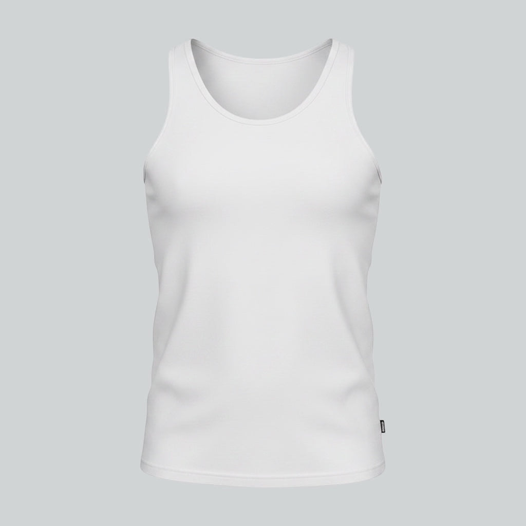 Care Design white men's tank top with binding at neckline and armholes. High quality, shape-retaining fabric.