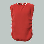 Care Design red adult bib made of absorbent cotton terry with waterproof polyurethane backing. Features snap closure.