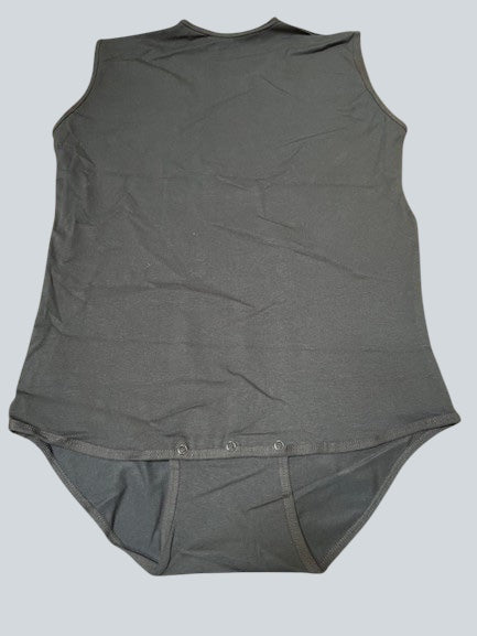 Care Design dark grey sleeveless cotton bodystocking with shoulder straps and snap closure at the crotch.