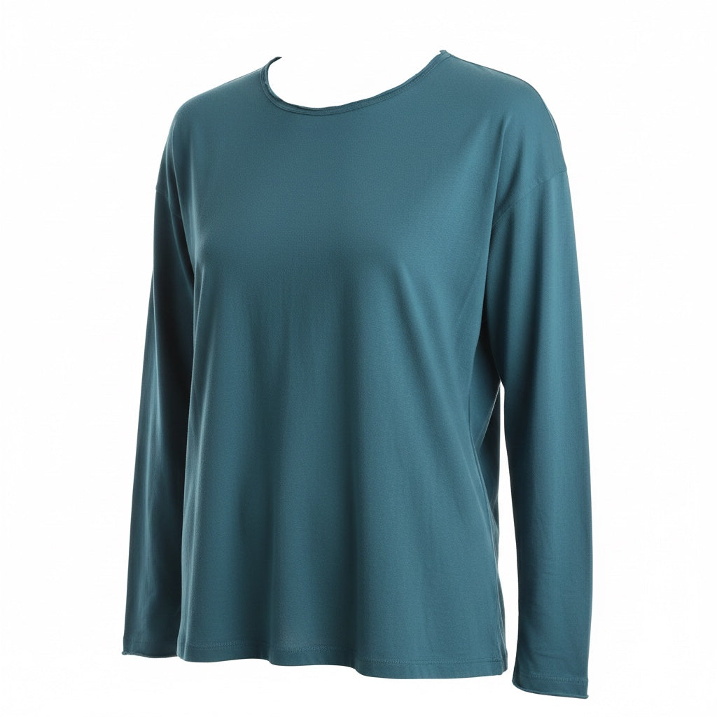 Care Design teal long-sleeve unisex t-shirt made from cotton/lycra with a round neck and cuffed sleeves and hem.