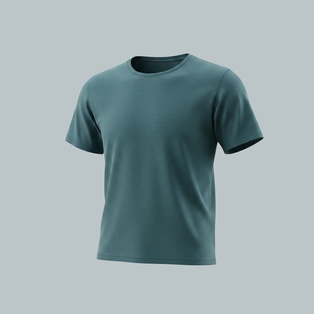 Care Design teal short-sleeve t-shirt and black pyjama bottoms set.