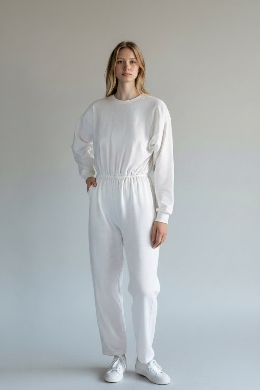 Care Design white long-sleeved, long-legged bodystocking made from 100% Oeko-Tex certified cotton.