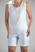 Care Design white cotton short leg bodystocking with shoulder straps and snap closure. Designed for comfort and security.