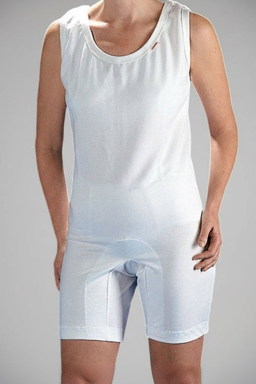 Care Design white cotton short leg bodystocking with shoulder straps and snap closure. Designed for comfort and security.