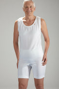 Care Design white cotton blend short leg bodystocking with snap shoulder straps and crotch zipper.