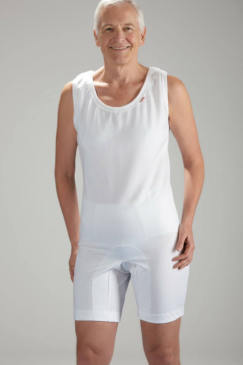 Care Design white cotton blend short leg bodystocking with snap shoulder straps and crotch zipper.