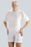 Care Design white cotton short-sleeve bodystocking with short legs and crotch zippers for adult incontinence.