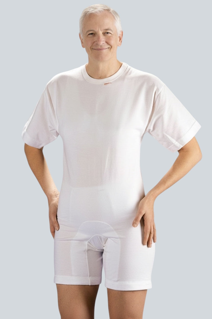 Care Design white cotton short-sleeve bodystocking with short legs and crotch zippers for adult incontinence.
