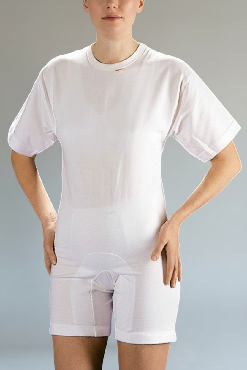 Care Design white cotton short-sleeve adult bodystocking with short legs and crotch zipper for easy diaper changes.