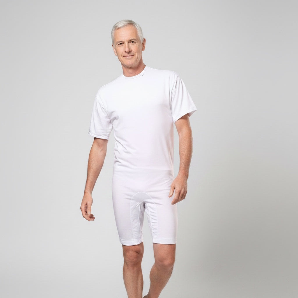 Care Design white 100% cotton short-sleeve, short-leg adult bodysuit with back zipper and leg band.