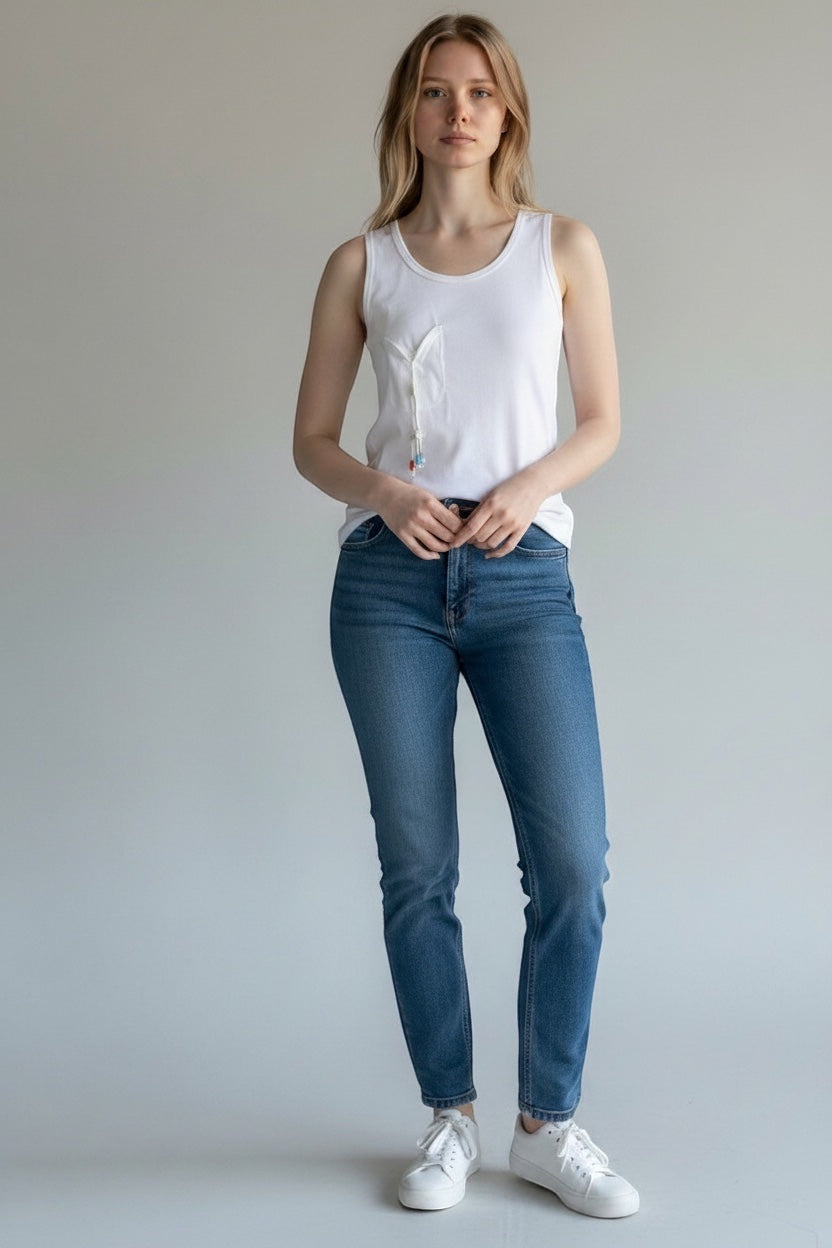 Care Design white 100% cotton tank top with discreet pocket for CVK catheter tubes.