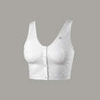 Care Design white cotton blend bra with front snap closure, wide straps, and supportive band for large busts and sensitive skin.