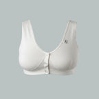 Care Design white cotton-blend bra with front snap closure, wide straps, and scalloped trim. Ideal for large busts or sensitive skin.