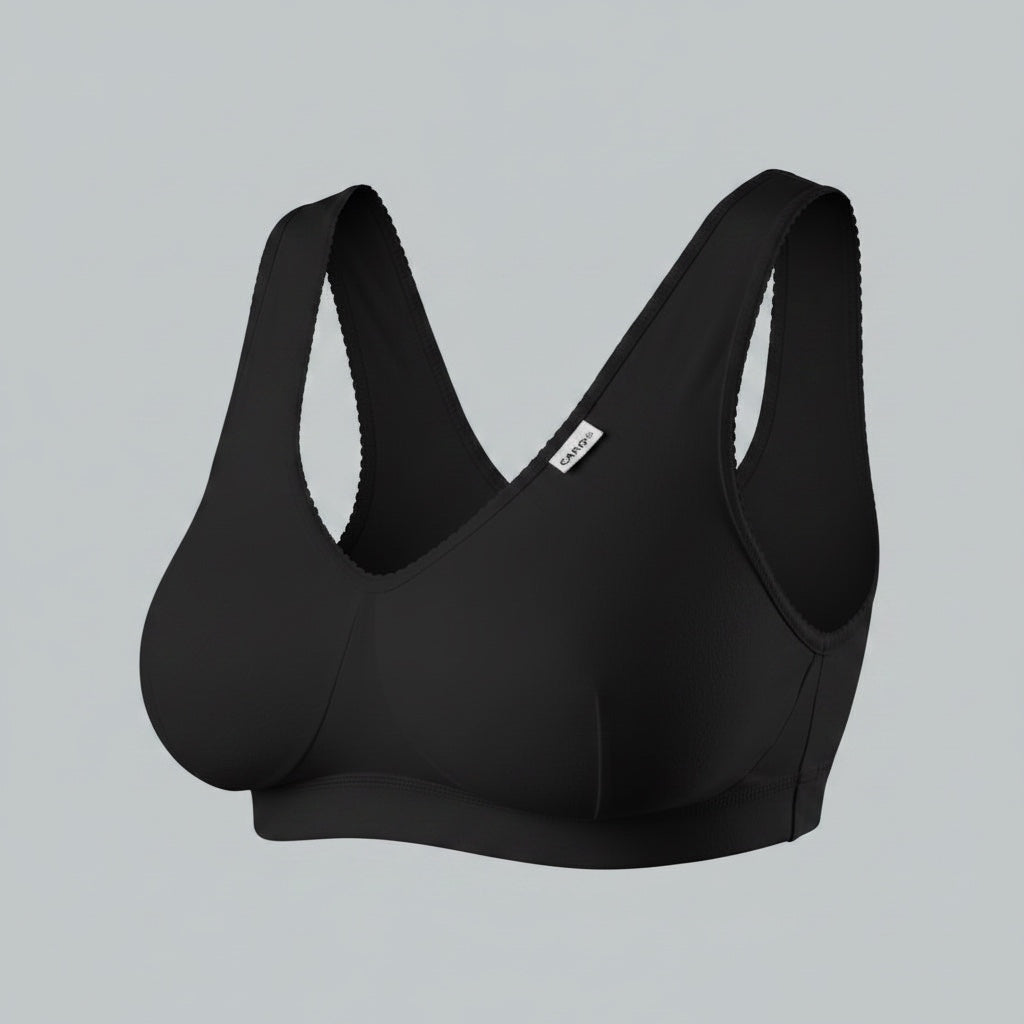 Care Design white cotton blend support bra for large busts, sensitive skin, and post-surgery. Features wide straps.