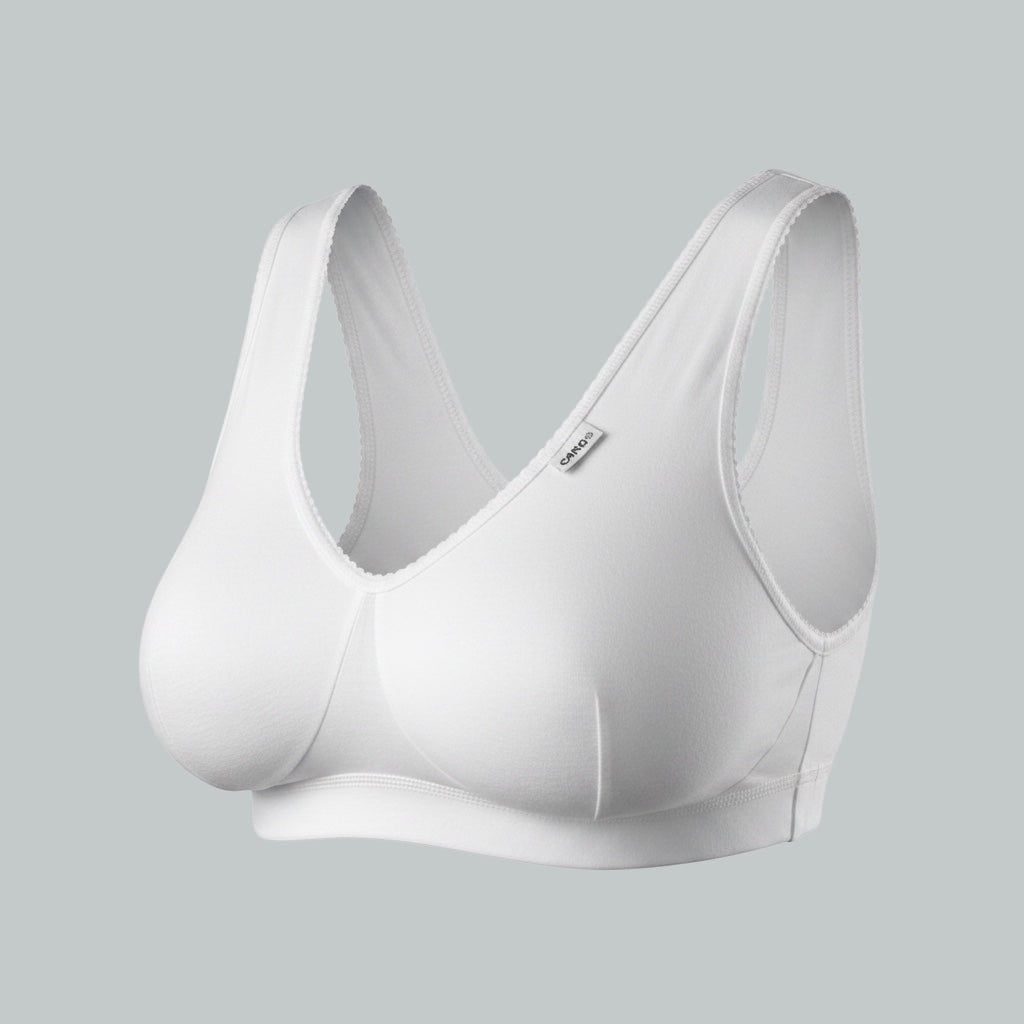 Care Design white cotton-lycra support bra for large busts, sensitive skin, and post-surgery.