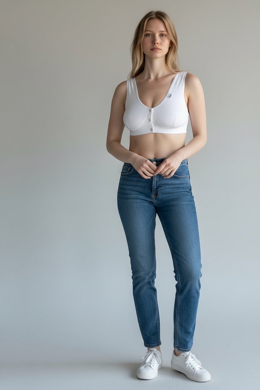 Care Design white cotton-lycra support bra with snap front closure, wide straps, and scalloped trim. Ideal for large busts, sensitive skin, and post-surgery.